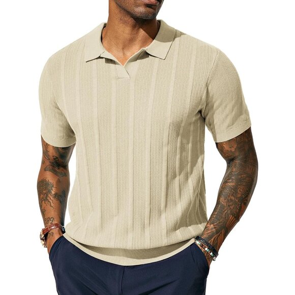 Men's Polo Shirts Textured Knit V Neck Golf Polo Premium Yarn Provide Soft Touch